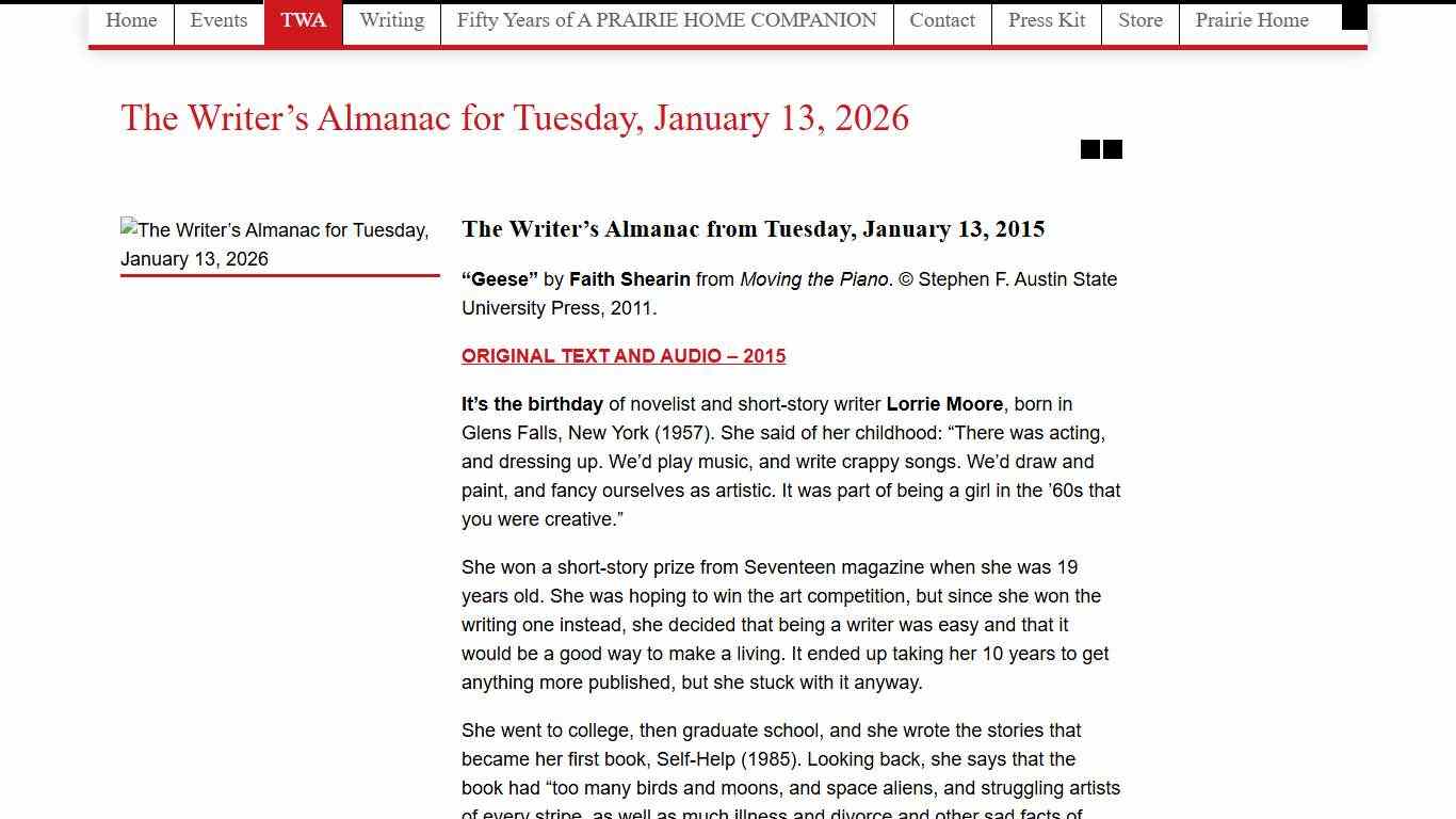 The Writer's Almanac for Tuesday, January 13, 2026 Garrison Keillor